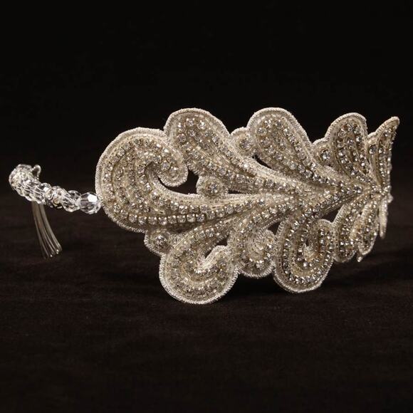 Giavan HB41 Art Nouveau Bridal Headband Headpiece Ivory Silver Beaded main image 6